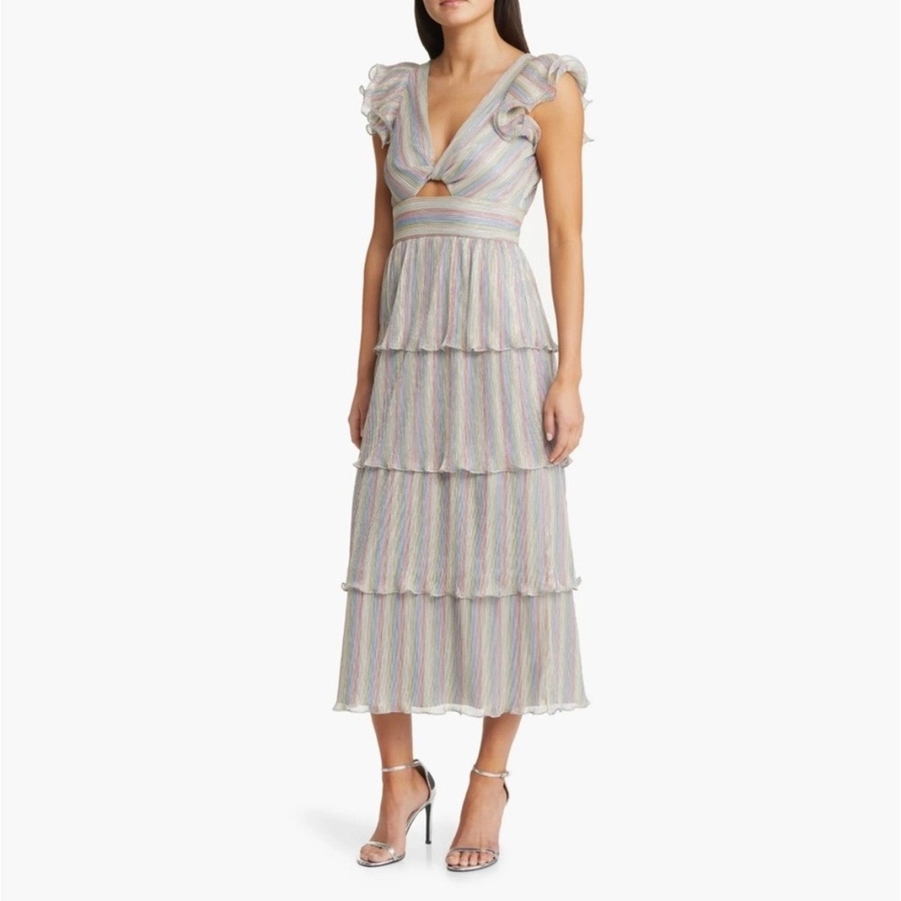 Saylor Lyla Rainbow Metallic Pleated Tiered Maxi Dress Ruffle V-Neck Gown Size S